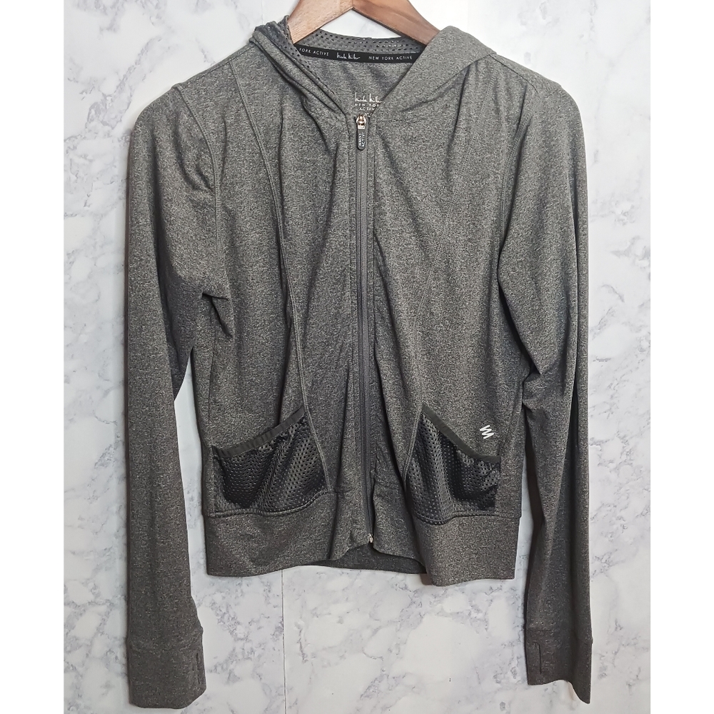 Nicole Miller Athletic Hooded Jacket Women Size L Gray Stretch Full Zip Workout